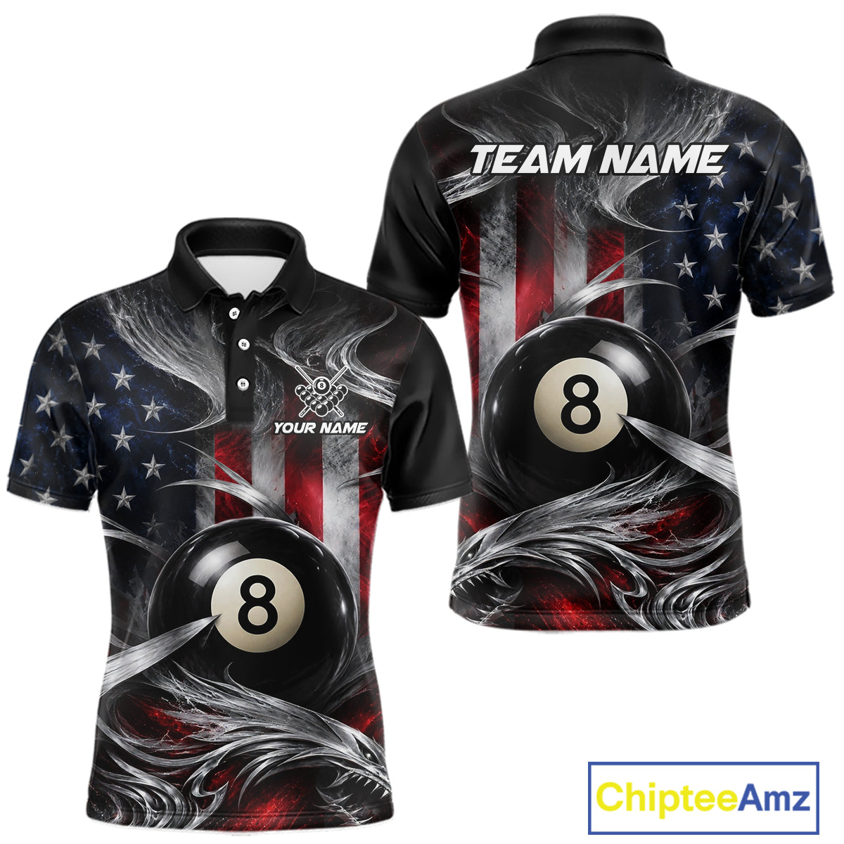 Custom Silver Smoke American Flag 8 Ball Billiard Team Shirts Billiard Jersey for Men NNT331