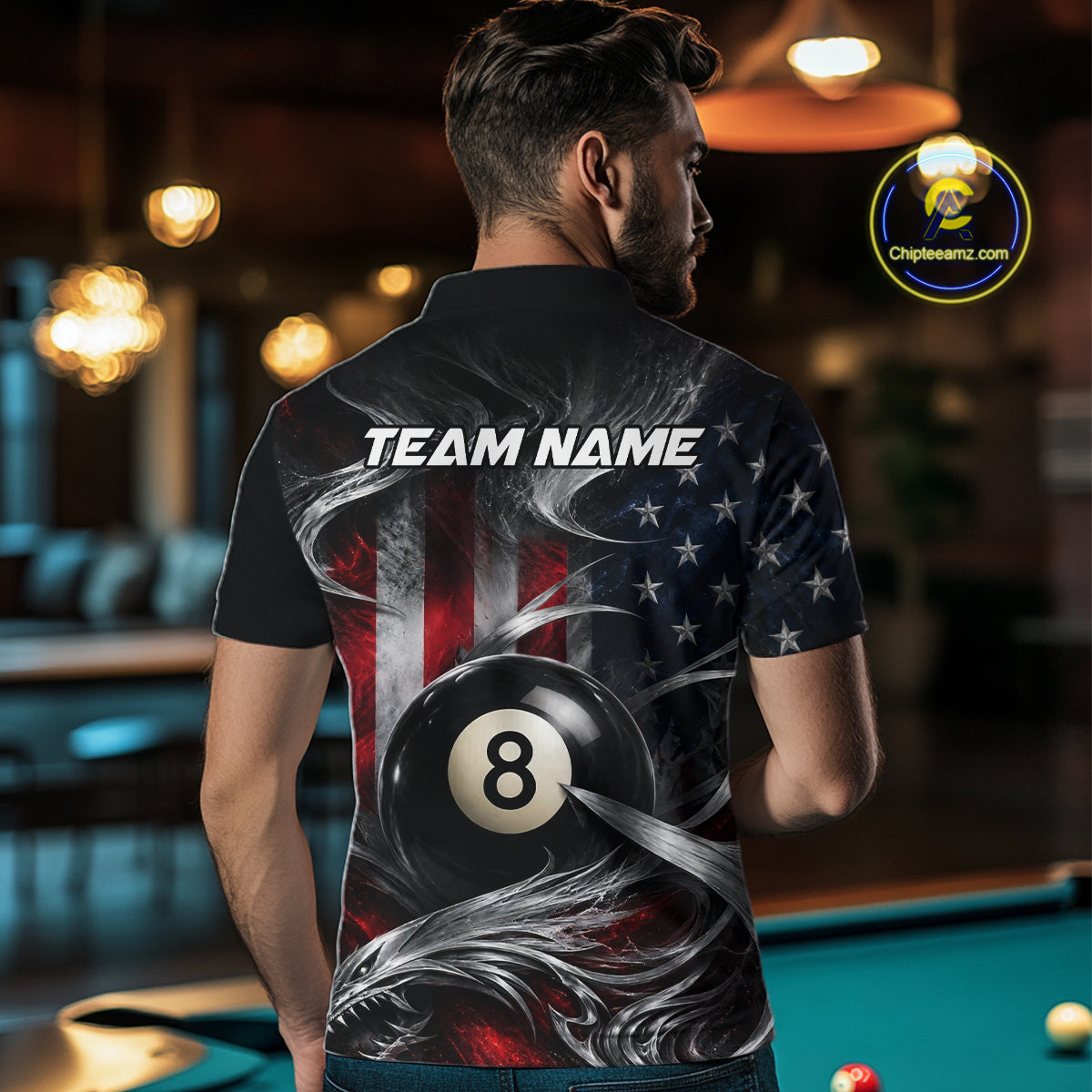 Custom Silver Smoke American Flag 8 Ball Billiard Team Shirts Billiard Jersey for Men NNT331