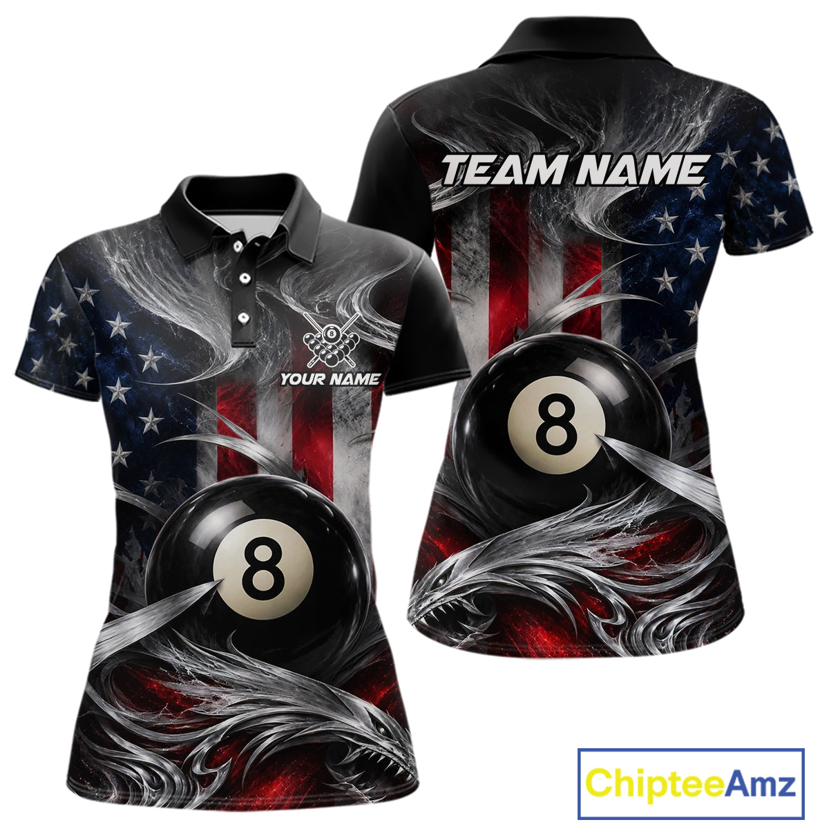 Custom Silver Smoke American Flag 8 Ball Billiard Team Shirts Billiard Jersey for Women NNT331