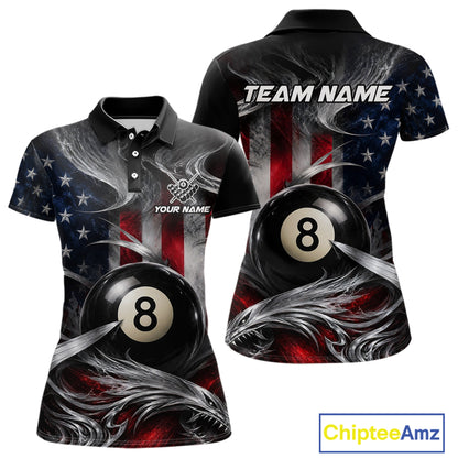 Custom Silver Smoke American Flag 8 Ball Billiard Team Shirts Billiard Jersey for Women NNT331