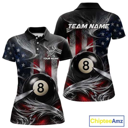Custom Silver Smoke American Flag 8 Ball Billiard Team Shirts Billiard Jersey for Women NNT331