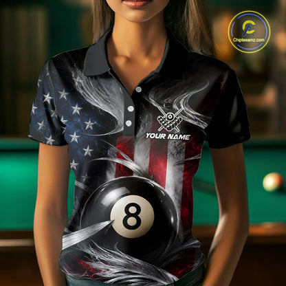Custom Silver Smoke American Flag 8 Ball Billiard Team Shirts Billiard Jersey for Women NNT331