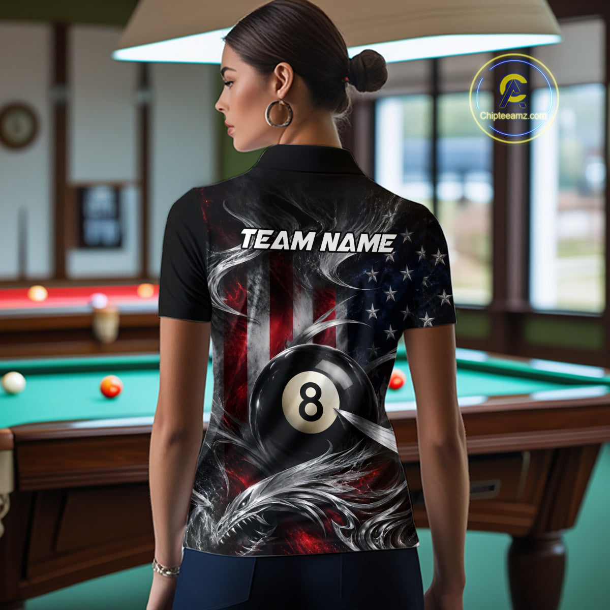 Custom Silver Smoke American Flag 8 Ball Billiard Team Shirts Billiard Jersey for Women NNT331