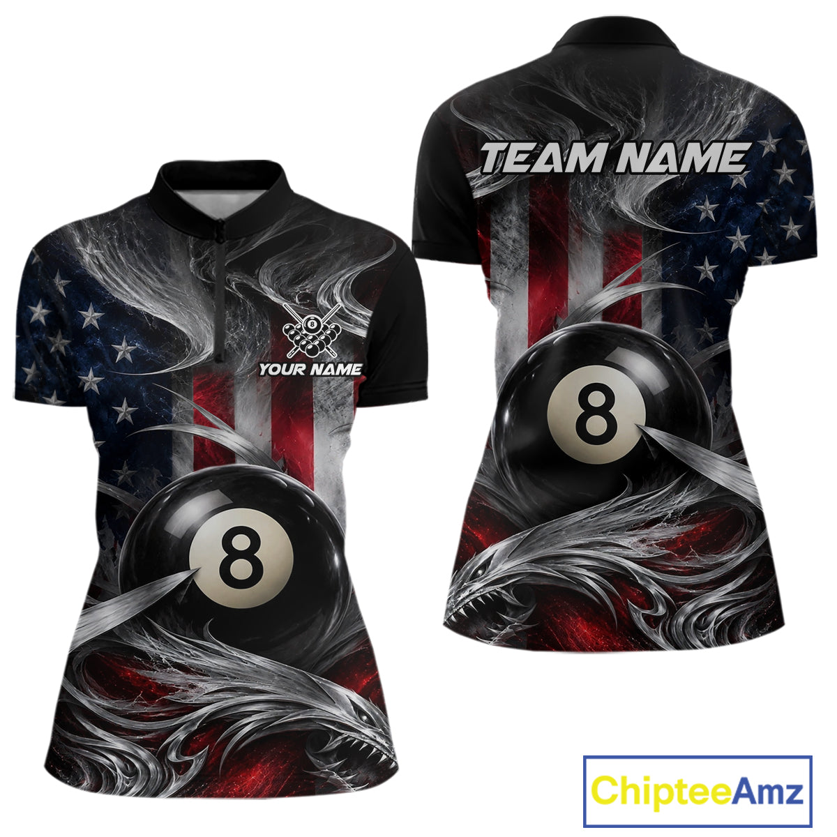 Custom Silver Smoke American Flag 8 Ball Billiard Team Shirts Billiard Jersey for Women NNT331