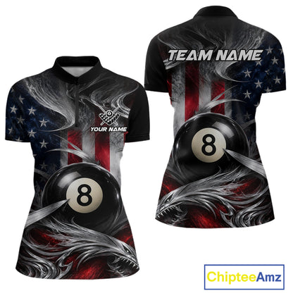 Custom Silver Smoke American Flag 8 Ball Billiard Team Shirts Billiard Jersey for Women NNT331