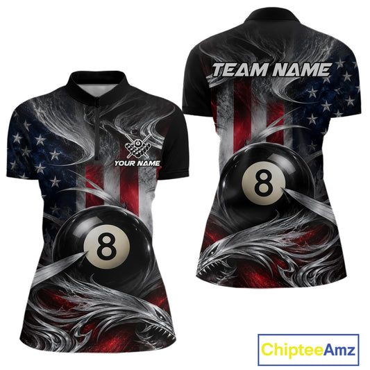 Custom Silver Smoke American Flag 8 Ball Billiard Team Shirts Billiard Jersey for Women NNT331