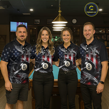 Custom Silver Smoke American Flag 8 Ball Billiard Team Shirts Billiard Jersey for Men NNT331