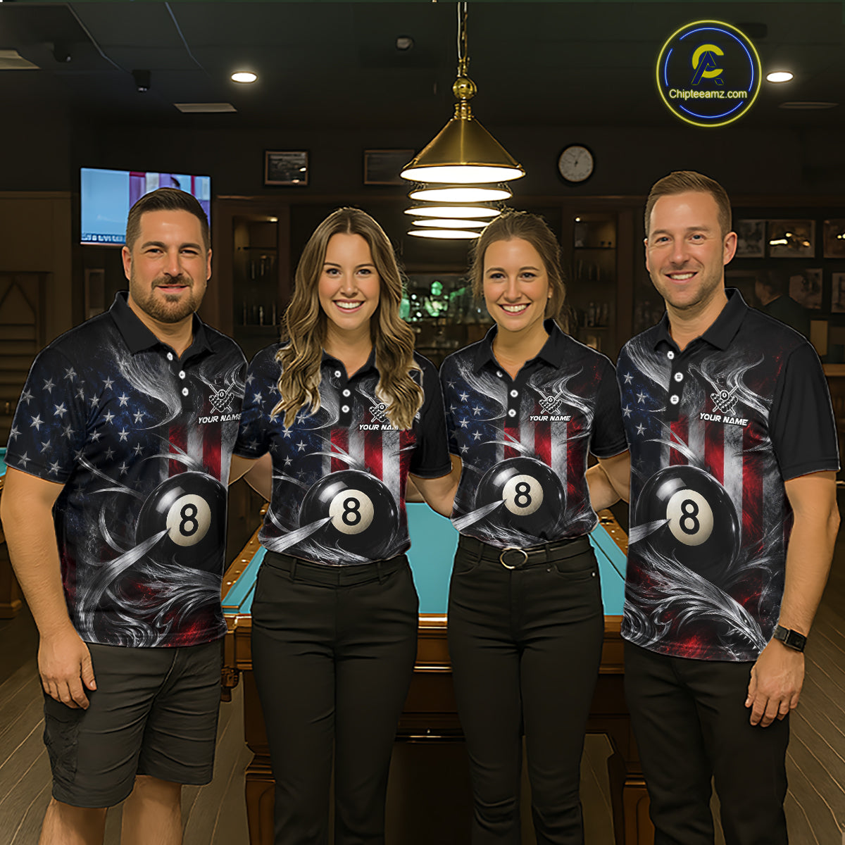 Custom Silver Smoke American Flag 8 Ball Billiard Team Shirts Billiard Jersey for Women NNT331