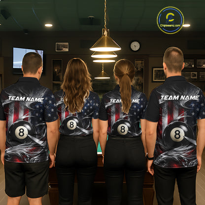 Custom Silver Smoke American Flag 8 Ball Billiard Team Shirts Billiard Jersey for Men NNT331