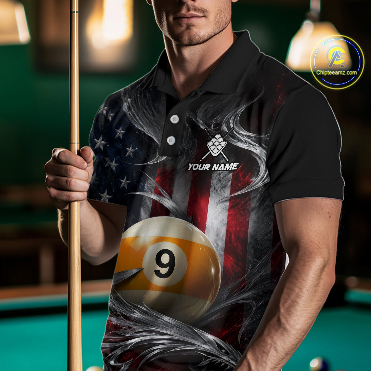 Custom Silver Smoke American Flag 9 Ball Billiard Team Shirts Billiard Jersey for Men NNT333