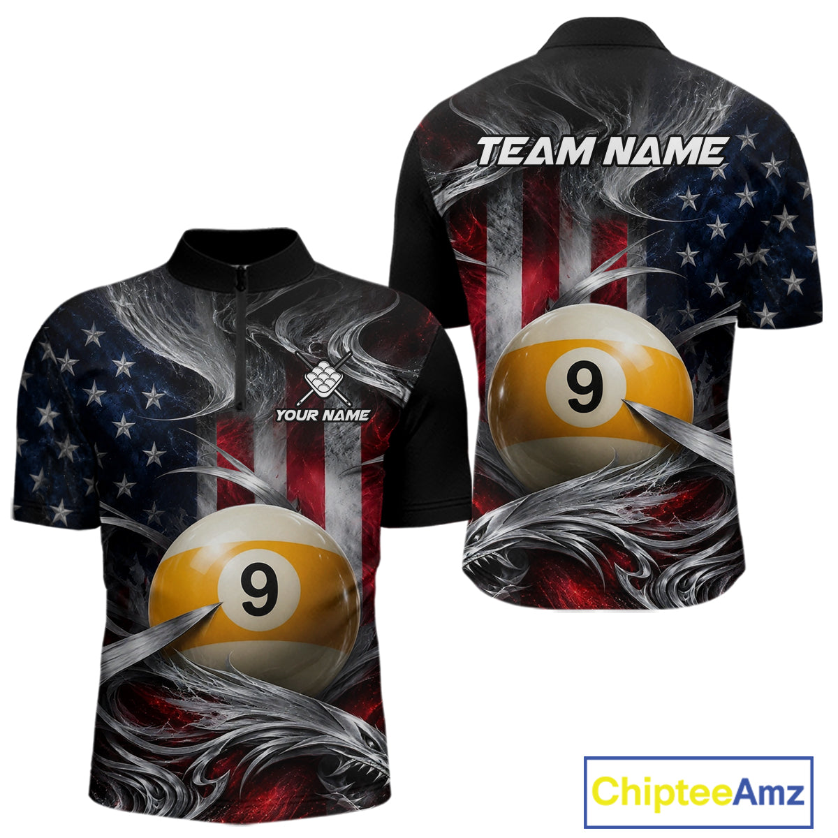 Custom Silver Smoke American Flag 9 Ball Billiard Team Shirts Billiard Jersey for Men NNT333
