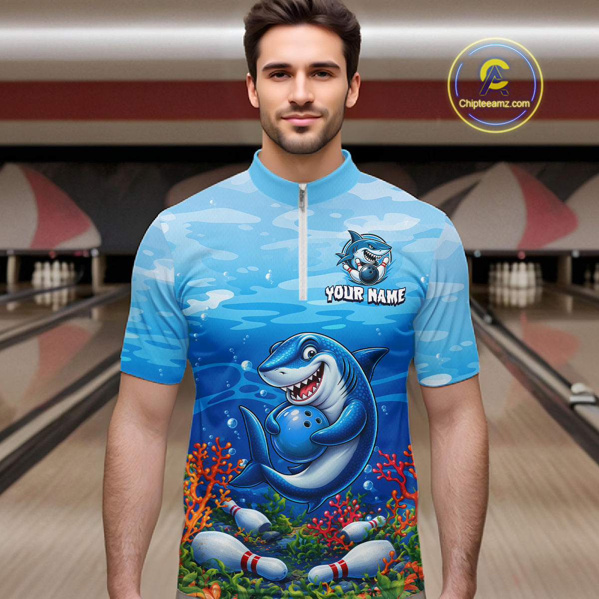 Custom Ocean Funny Shark Bowling Jerseys for Men Bowling Team Jerseys Bowling for Bowlers HNT609