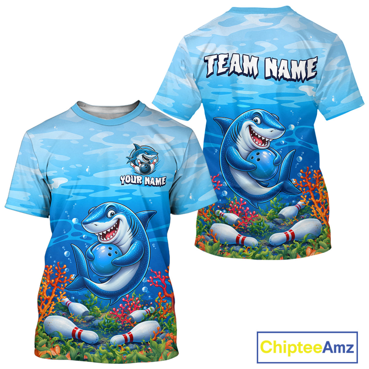 Custom Ocean Funny Shark Bowling T-Shirt for Men Bowling Uniform Bowling Team Shirts HNT609