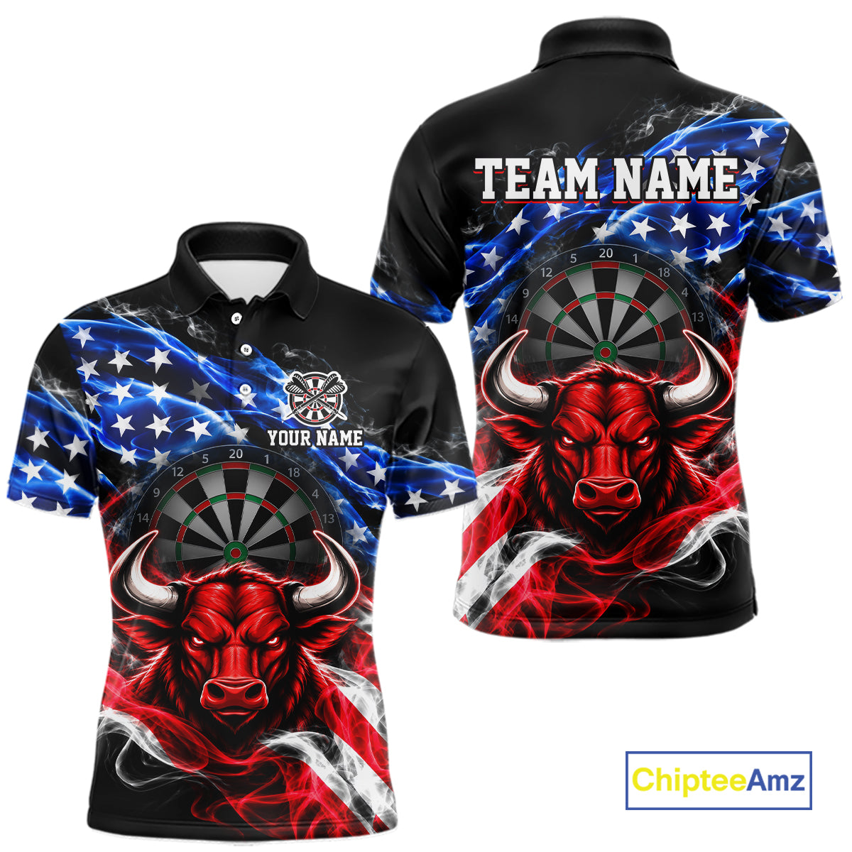 Smoke USA Flag Bull Dartboard Shirt Custom Darts Team Jersey for Men Patriotic Polo & 1/4Zip NNT369
