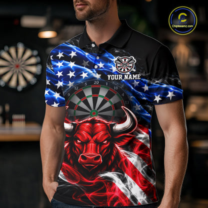 Smoke USA Flag Bull Dartboard Shirt Custom Darts Team Jersey for Men Patriotic Polo & 1/4Zip NNT369