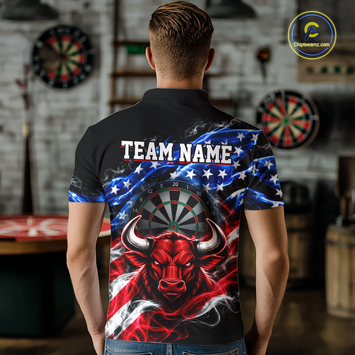 Smoke USA Flag Bull Dartboard Shirt Custom Darts Team Jersey for Men Patriotic Polo & 1/4Zip NNT369