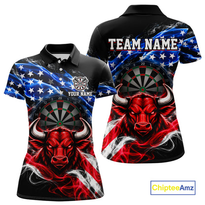 Smoke USA Flag Bull Dartboard Shirt Custom Darts Team Jersey for Women Patriotic Polo & 1/4Zip NNT369