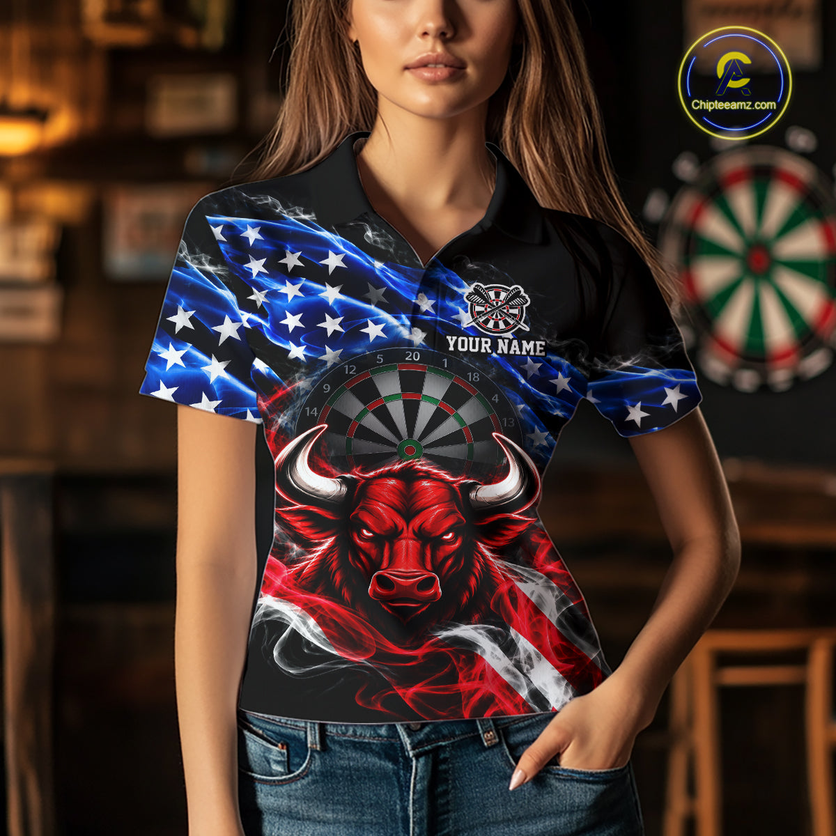 Smoke USA Flag Bull Dartboard Shirt Custom Darts Team Jersey for Women Patriotic Polo & 1/4Zip NNT369