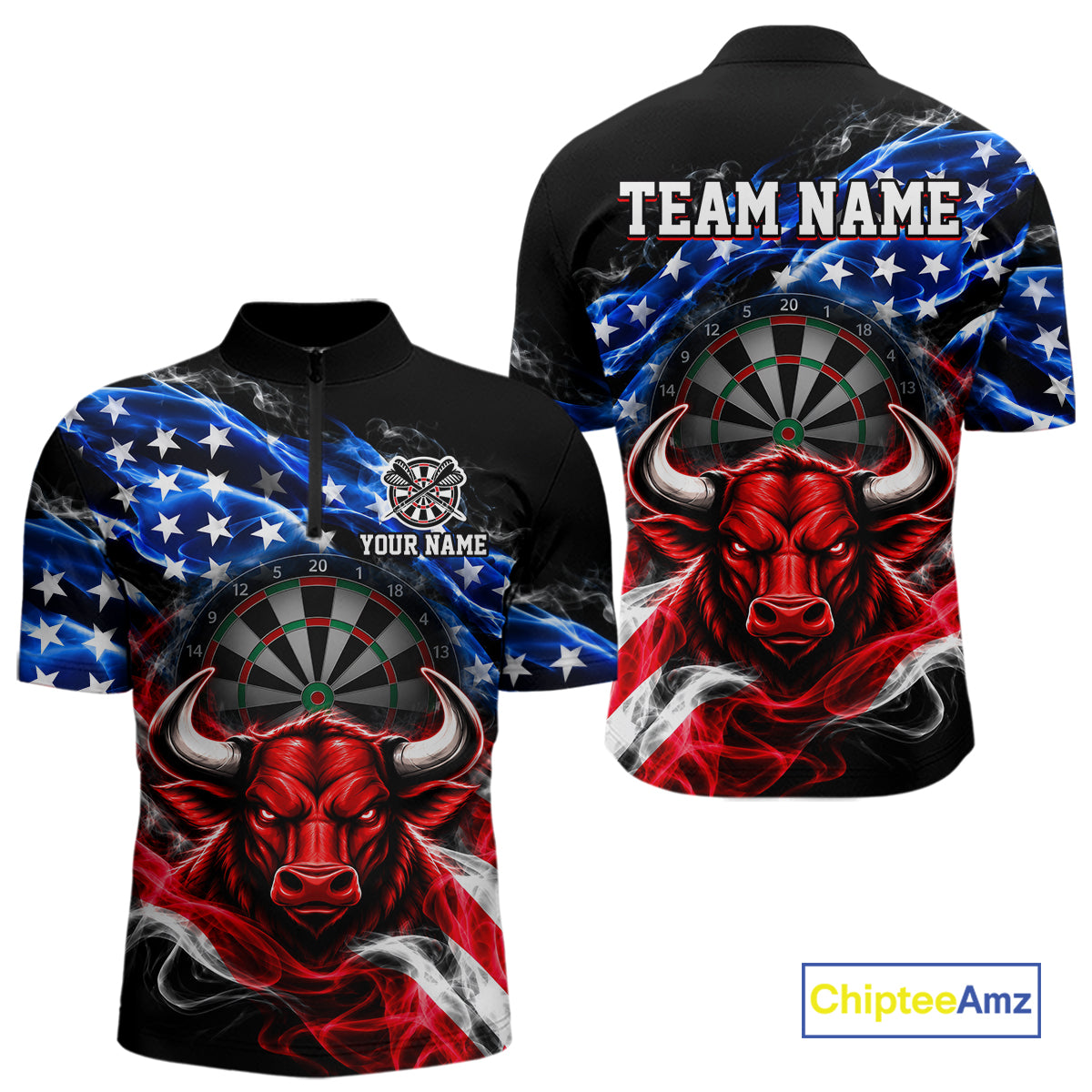 Smoke USA Flag Bull Dartboard Shirt Custom Darts Team Jersey for Men Patriotic Polo & 1/4Zip NNT369