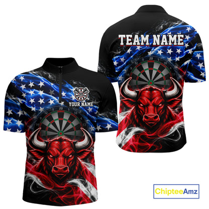 Smoke USA Flag Bull Dartboard Shirt Custom Darts Team Jersey for Men Patriotic Polo & 1/4Zip NNT369