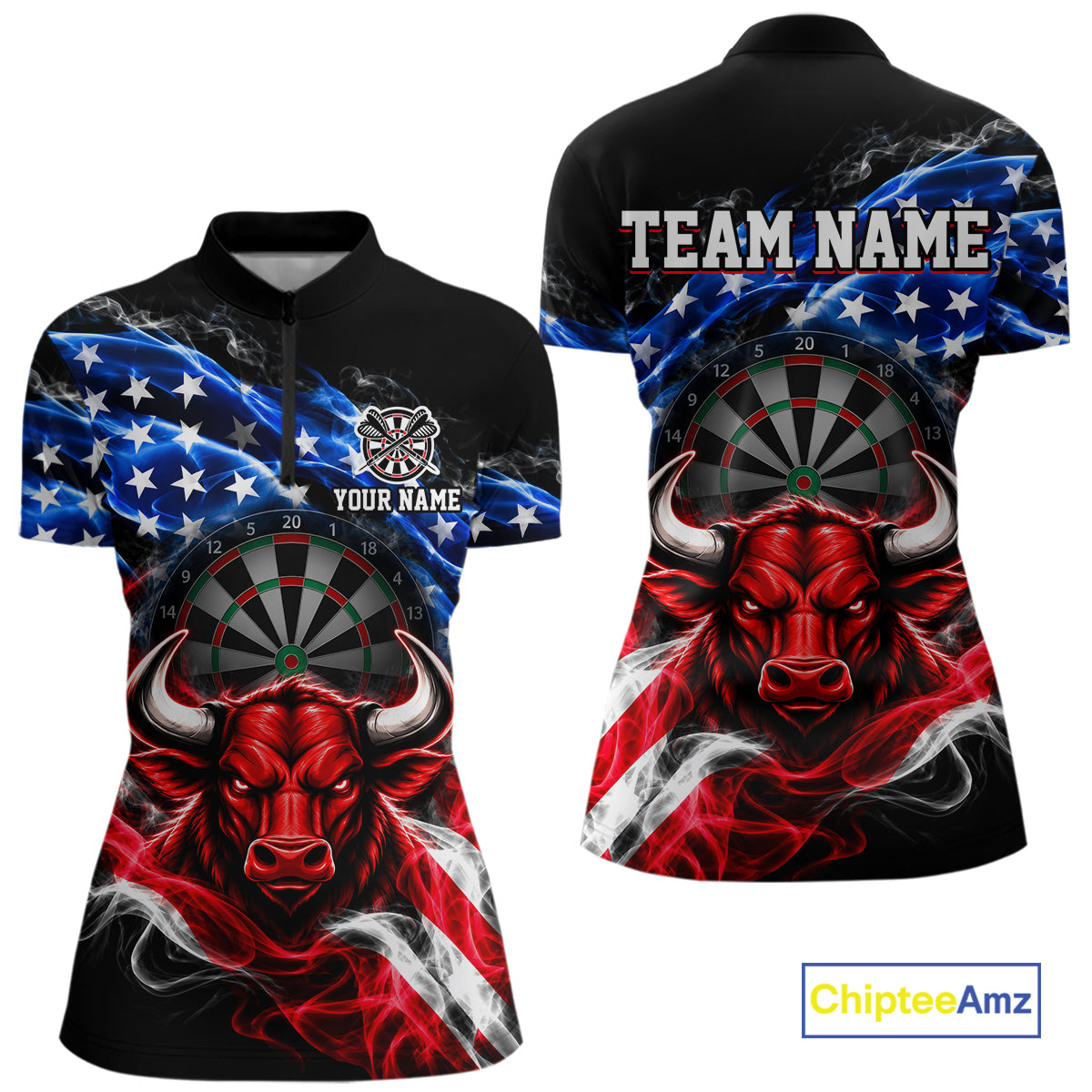Smoke USA Flag Bull Dartboard Shirt Custom Darts Team Jersey for Women Patriotic Polo & 1/4Zip NNT369