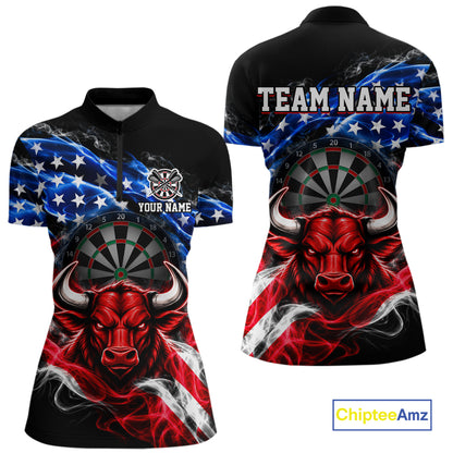 Smoke USA Flag Bull Dartboard Shirt Custom Darts Team Jersey for Women Patriotic Polo & 1/4Zip NNT369