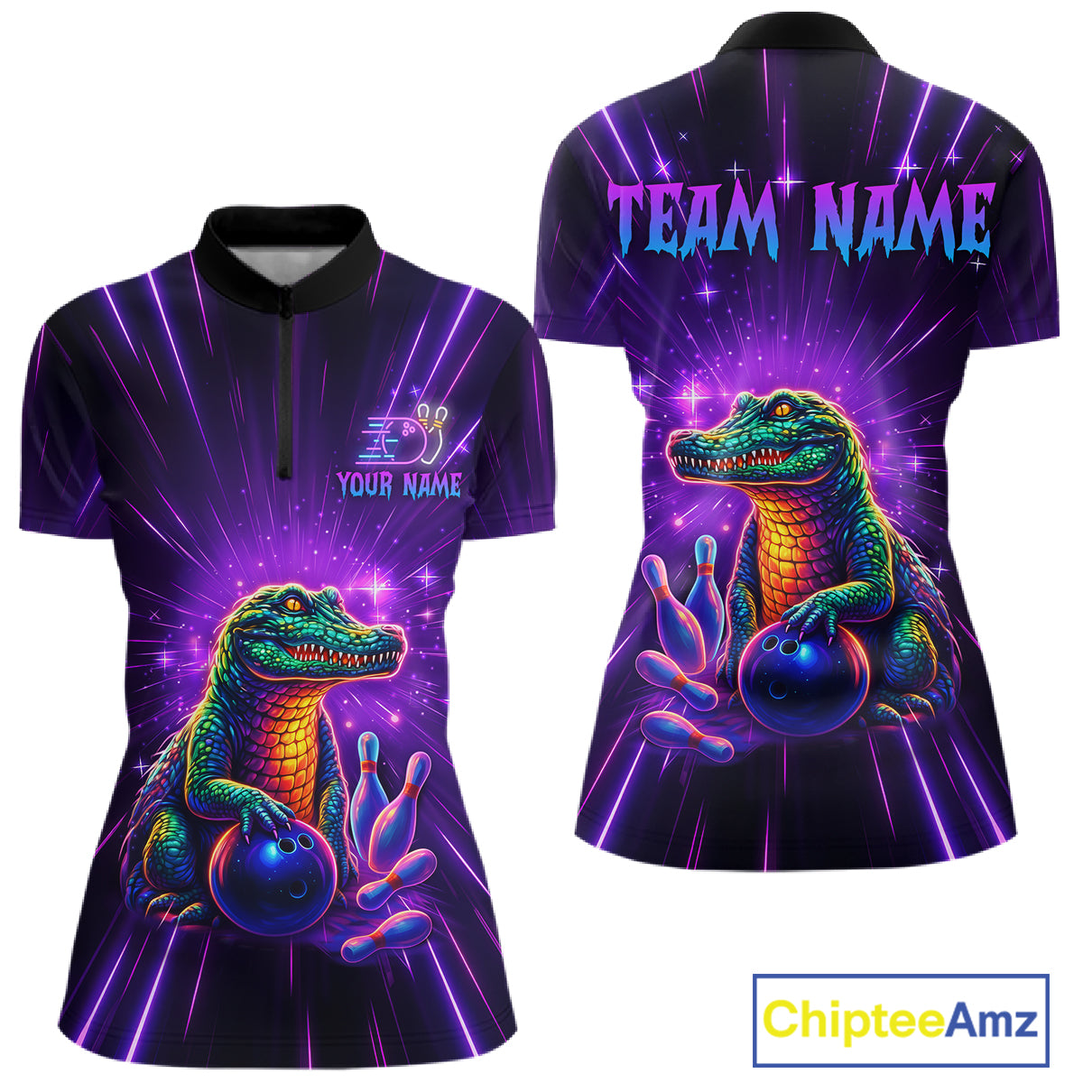 Custom Funny Crocodile Neon Bowling Shirt Alligator Bowling Jersey for Women Polo & 1/4 Zip HNT208