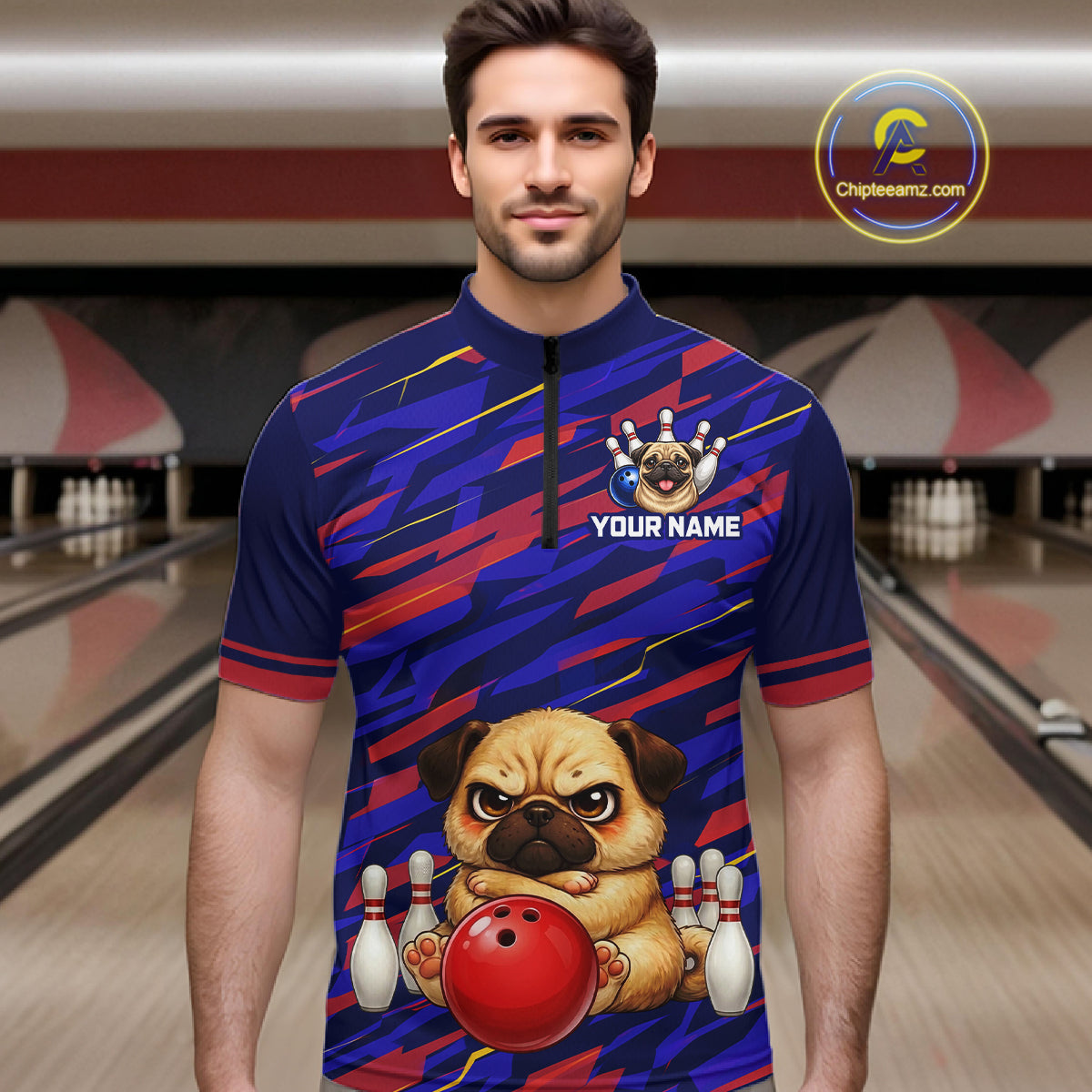 Custom Funny Dog Bowling Jersey for Men Bowling Uniform Polo &1/4 Zip Bowling Team Shirts HNT249
