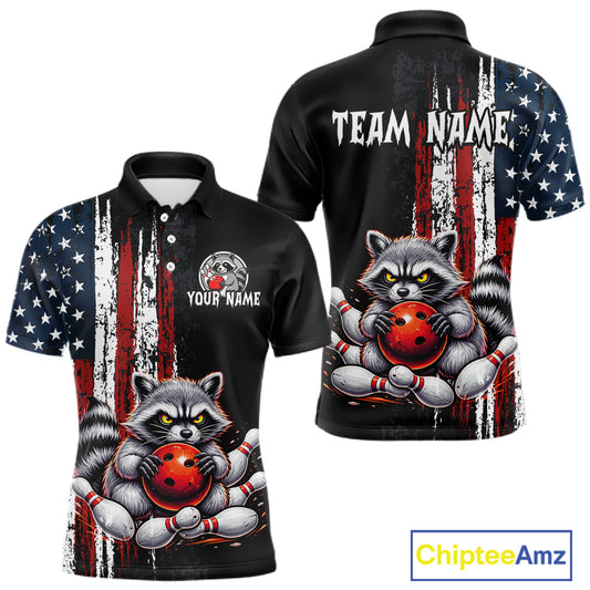 Custom us flag raccoon bowling jersey for men, personalized team bowling polo shirt front view and back view
