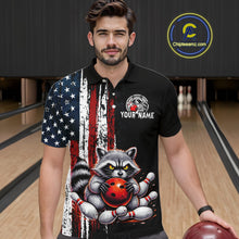 Load image into Gallery viewer, Men’s us flag raccoon bowling polo shirt, front view on male model in bowling lane 