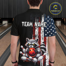 Load image into Gallery viewer, Men’s us flag raccoon bowling polo shirt, back view on male model in bowling lane 