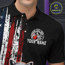 Load image into Gallery viewer, Men’s us flag raccoon bowling polo shirt with custom name, angled front view showing custom team design 
