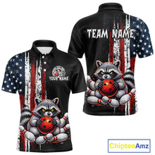Load image into Gallery viewer, Custom us flag raccoon bowling jersey for men, personalized team bowling polo shirt front view and back view