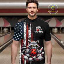 Load image into Gallery viewer, Men’s us flag raccoon bowling quarter zip shirt, front view on male model in bowling lane 