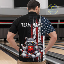 Load image into Gallery viewer, Men’s us flag raccoon bowling quarter zip shirt, back view on male model in bowling lane 