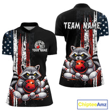 Load image into Gallery viewer, Custom us flag raccoon bowling jersey for women, personalized team bowling quarter zip shirt front view and back view