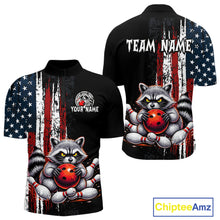 Load image into Gallery viewer, Custom us flag raccoon bowling jersey for men, personalized team bowling quarter zip shirt front view and back view