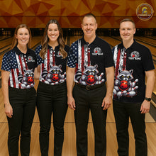 Load image into Gallery viewer, Group of bowlers in us flag raccoon team shirts, personalized bowling uniforms front view.