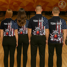 Load image into Gallery viewer, Group of bowlers in us flag raccoon team shirts, personalized bowling uniforms back view.