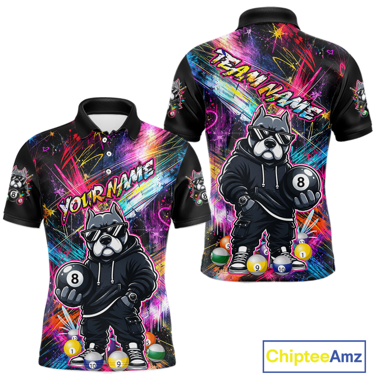 Front and back views of a vibrant billiards polo shirt featuring a american bully dog in sunglasses and a hoodie holding an 8-ball, set against colorful graffiti-style splatter artwork.