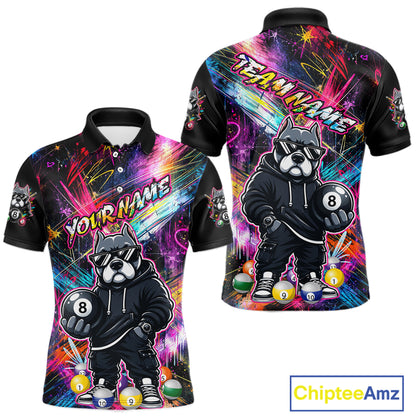 Front and back views of a vibrant billiards polo shirt featuring a american bully dog in sunglasses and a hoodie holding an 8-ball, set against colorful graffiti-style splatter artwork.