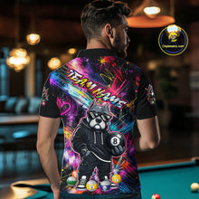 Load image into Gallery viewer, Man wearing a vibrant graffiti-style billiards polo with a american bully dog, custom name text, and colorful paint-streak graphics.