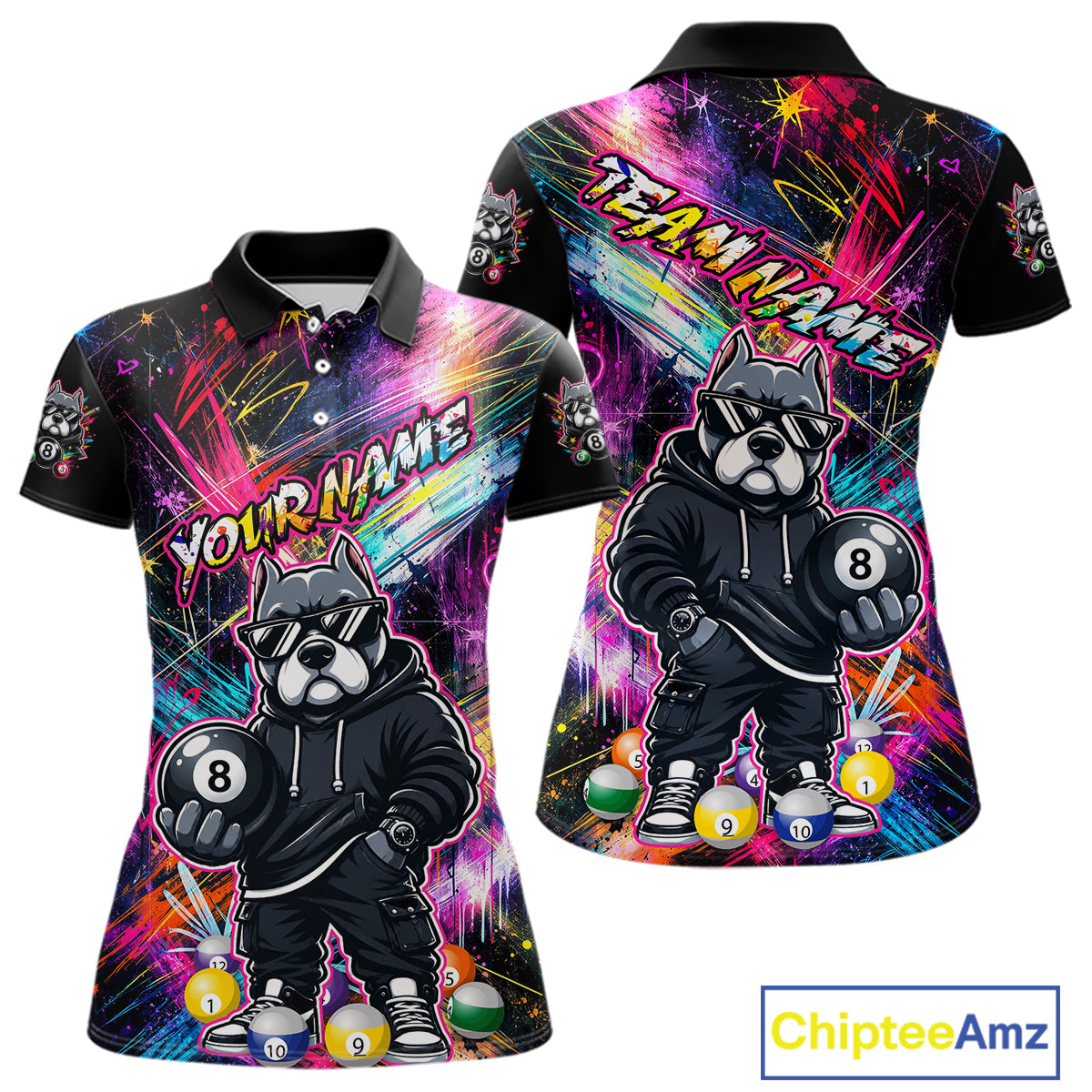 Front and back views of a vibrant billiards polo shirt featuring a american bully dog in sunglasses and a hoodie holding an 8-ball, set against colorful graffiti-style splatter artwork.