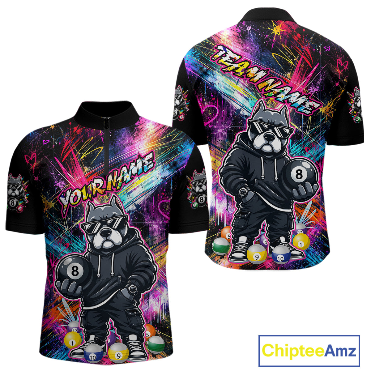 Front and back views of a vibrant billiards quarter zip shirt featuring a american bully dog in sunglasses and a hoodie holding an 8-ball, set against colorful graffiti-style splatter artwork.