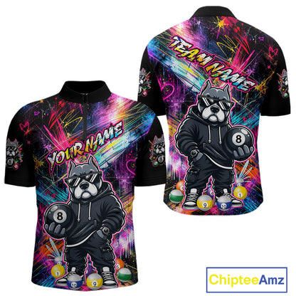 Front and back views of a vibrant billiards quarter zip shirt featuring a american bully dog in sunglasses and a hoodie holding an 8-ball, set against colorful graffiti-style splatter artwork.