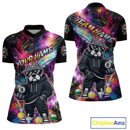 Front and back views of a vibrant billiards quarter zip shirt featuring a american bully dog in sunglasses and a hoodie holding an 8-ball, set against colorful graffiti-style splatter artwork.