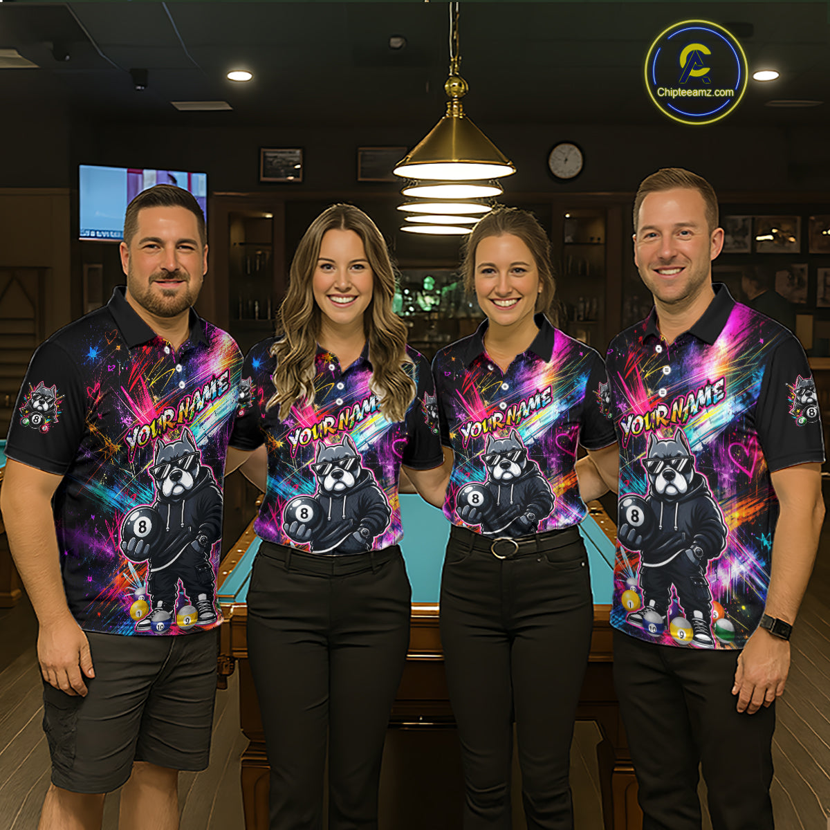 Four people wearing american bully colorful billiard shirts with a logo in a billiard league