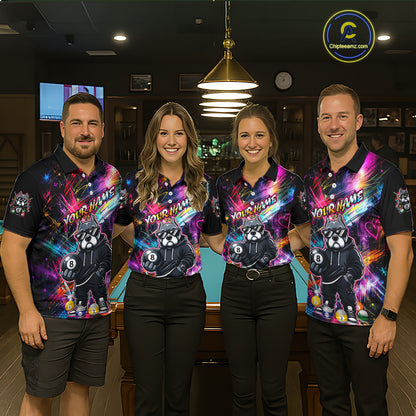 Four people wearing american bully colorful billiard shirts with a logo in a billiard league