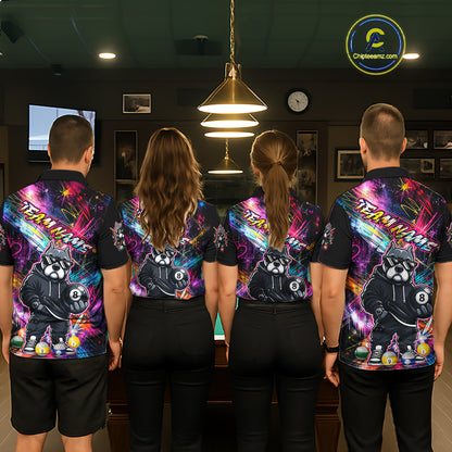 Four people wearing american bully colorful billiard shirts with a logo in a billiard league