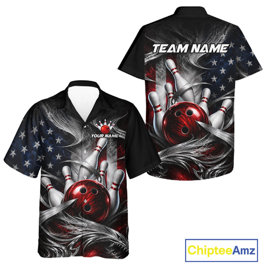 Custom Silver Smoke American Flag Hawaiian Bowling Jersey Bowling Outfit Bowling Team Shirts HNT448